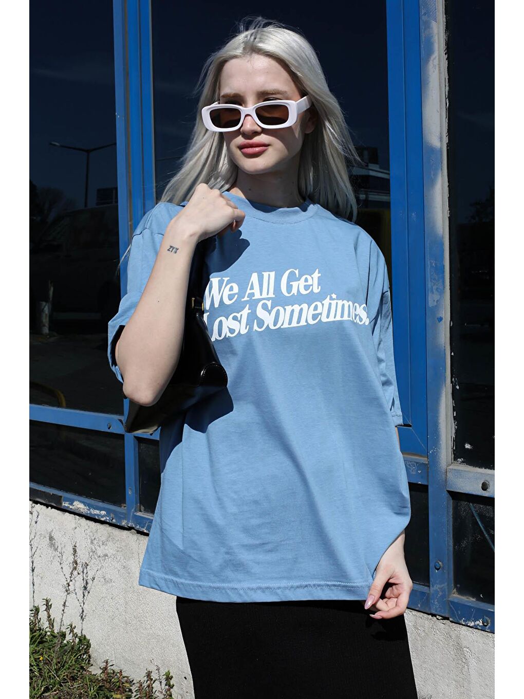 Mavi Baskılı Oversize Tişört Mg1532-3