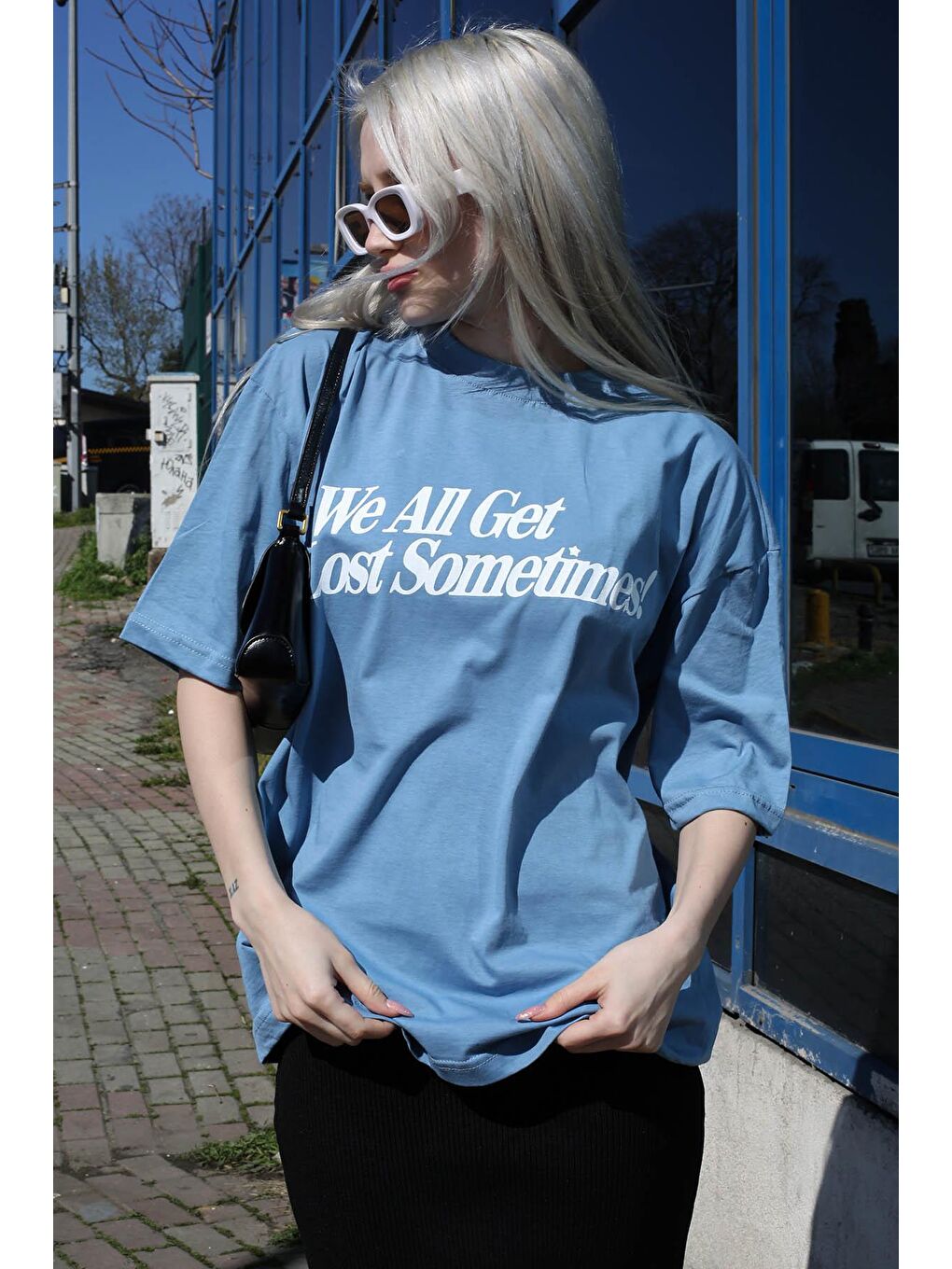 Mavi Baskılı Oversize Tişört Mg1532-4