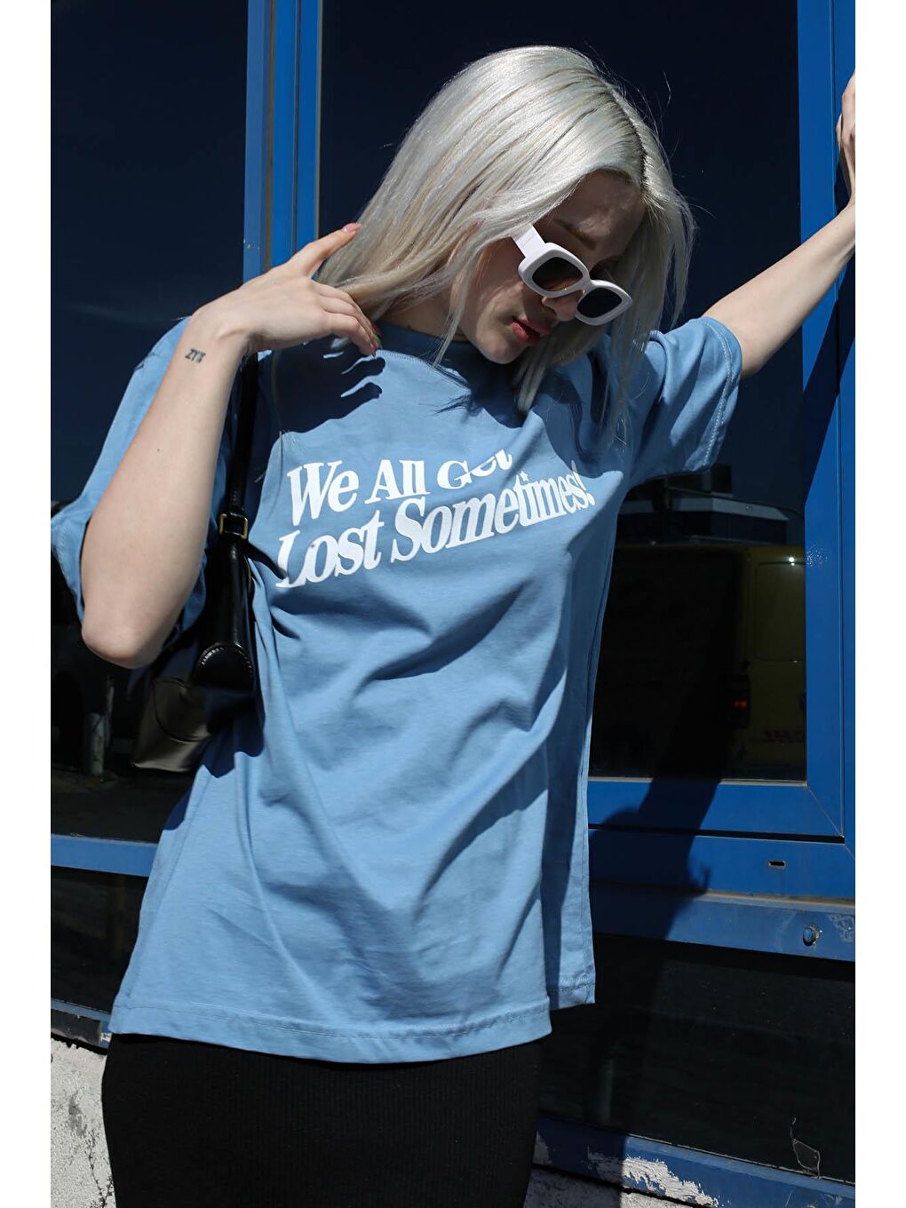 Mavi Baskılı Oversize Tişört Mg1532-5