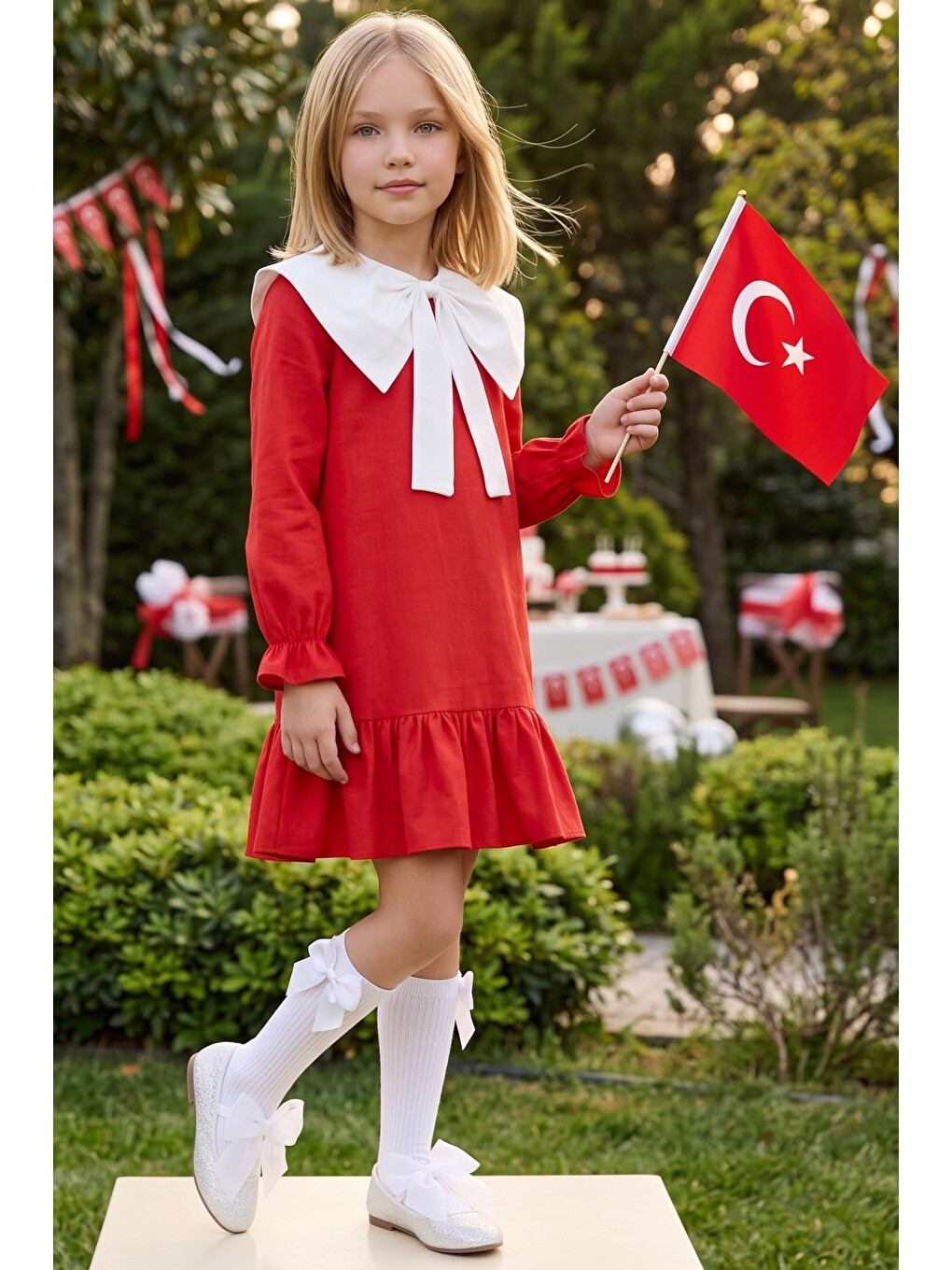 Kız Çocuk Rashel Kırmızı Elbise Yakalı Fırfırlı Uzun Kol Keten 23 Nisan 29 Ekim Gösteri Kıyafeti-1