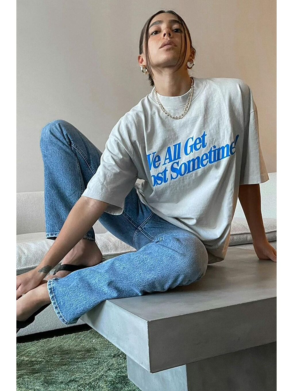 Ekru Baskılı Oversize Tişört Mg1532-2