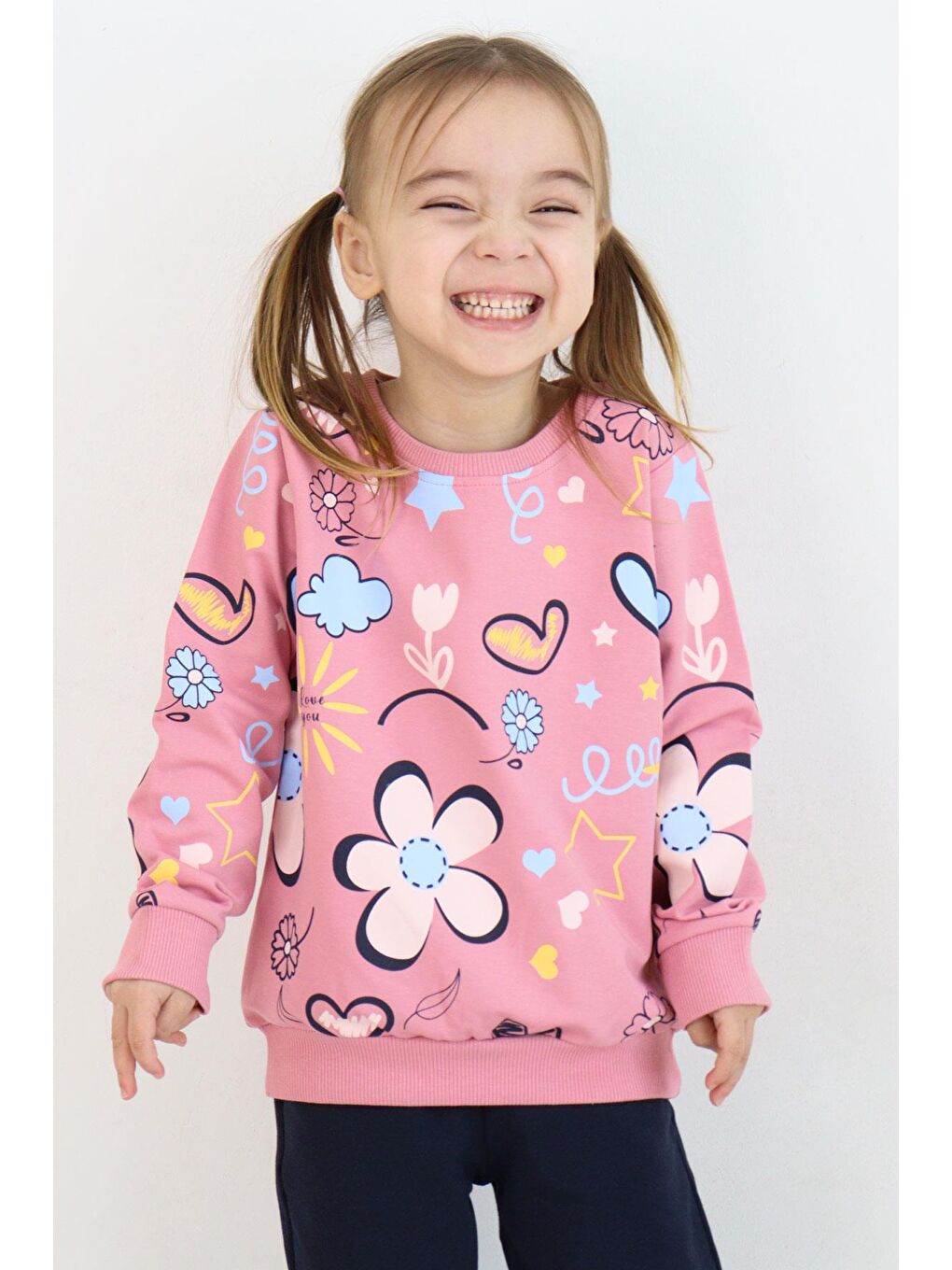 Pembe Kız Çocuk Sweatshirt Bahar Temalı Çiçek Desenli Gülkurusu (2-3 Yaş)