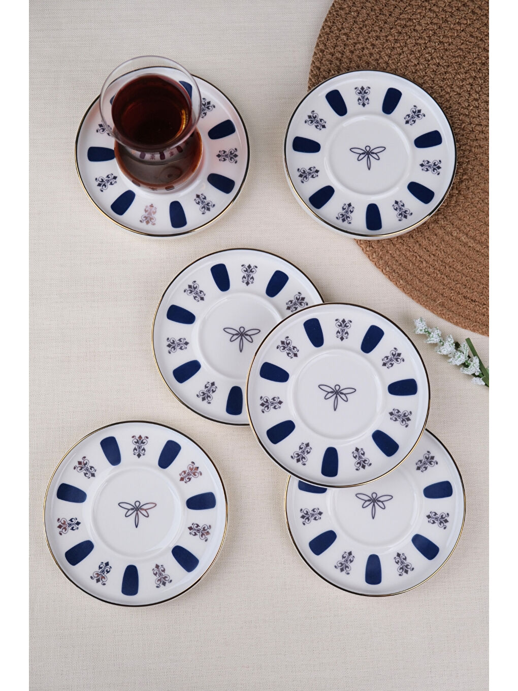 Beyaz Porselen Acem Zade Lacivert Çay Tabağı 11,8cm 6 lı-1