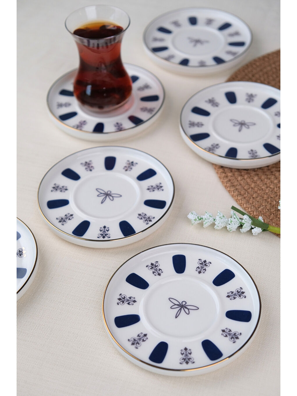 Beyaz Porselen Acem Zade Lacivert Çay Tabağı 11,8cm 6 lı-3