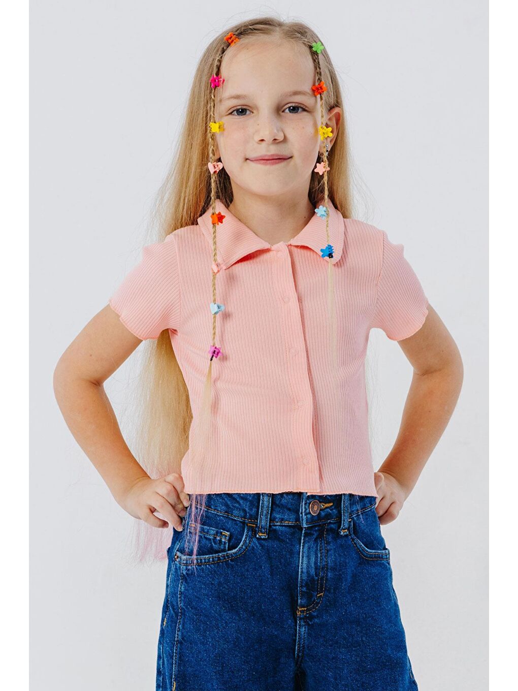 Pembe Kız Çocuk Tişört Crop Çıtçıtlı Fitilli Somon (9-14 Yaş)-2