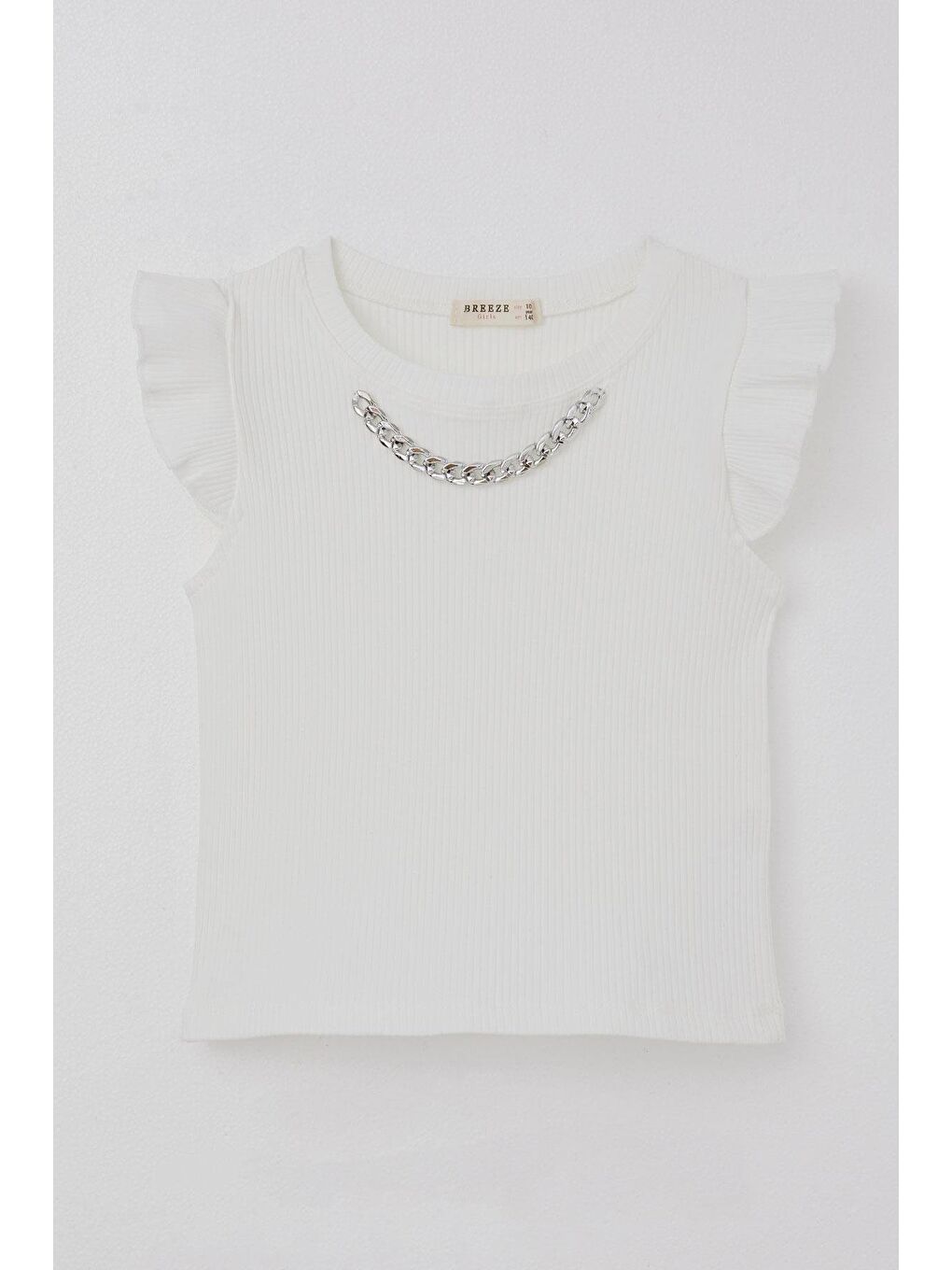 Kız Çocuk Tişört Kemer Boy Yakası Zincir Aksesuarlı Ekru (9-14 Yaş)