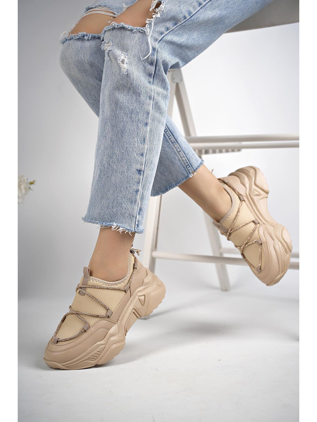 Bej Dominic Kadın  Günlük Yürüyüş Şık Rahat ve Tarz Yüksek Taban Sneaker Spor Ayakkabı