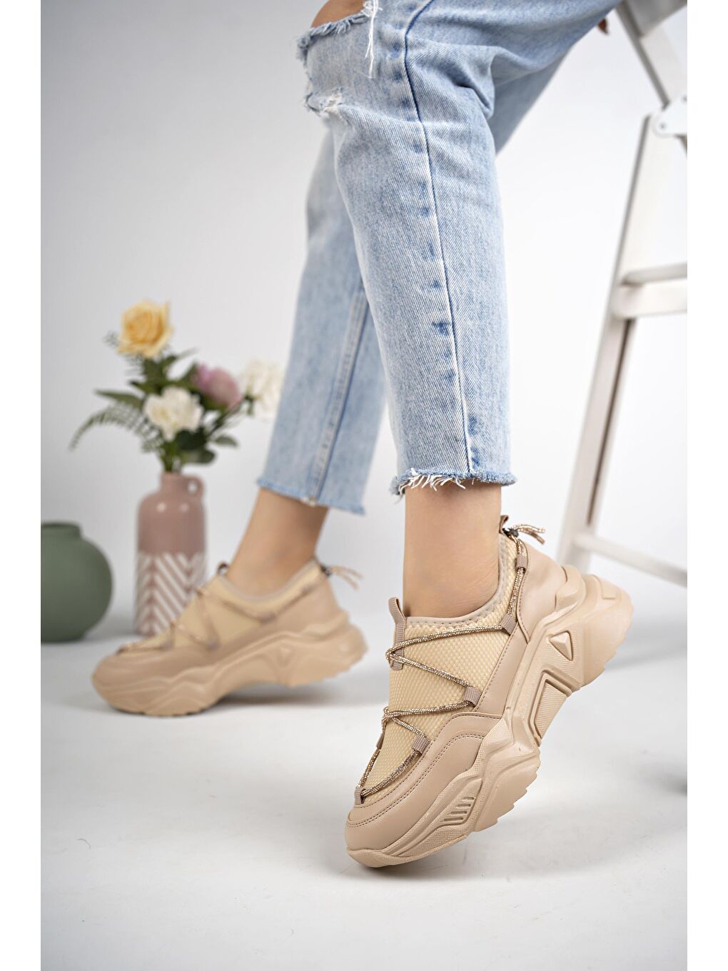 Bej Dominic Kadın  Günlük Yürüyüş Şık Rahat ve Tarz Yüksek Taban Sneaker Spor Ayakkabı-2