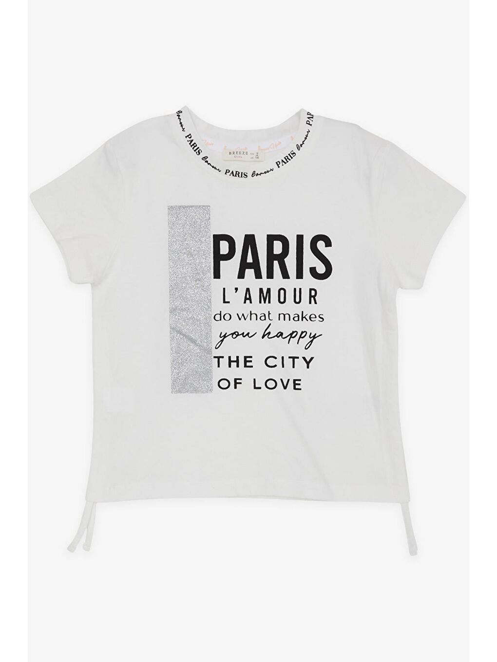 Kız Çocuk Tişört Yazı Baskılı Simli Yanları Büzgülü Ekru (9-14 Yaş)