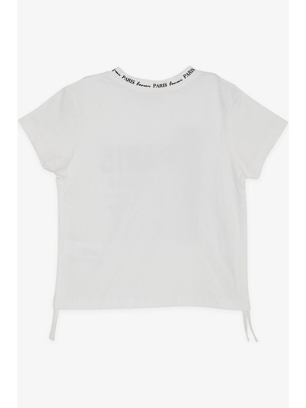 Kız Çocuk Tişört Yazı Baskılı Simli Yanları Büzgülü Ekru (9-14 Yaş)-1