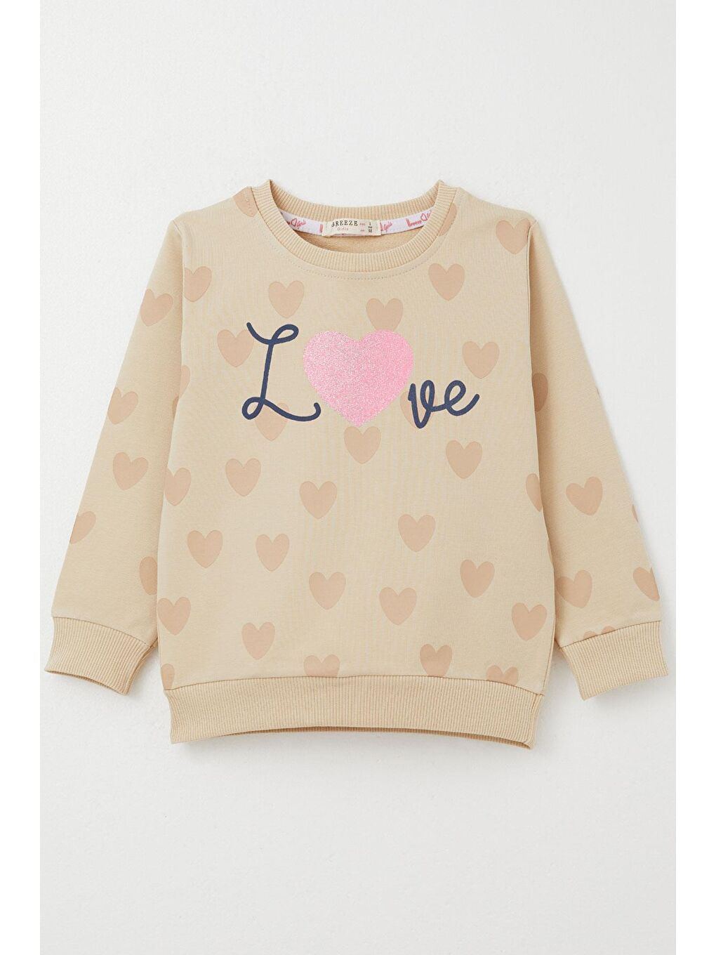 Kız Çocuk Sweatshirt Sevgi Temalı Kalp Desenli Bej (3-5 Yaş)-2