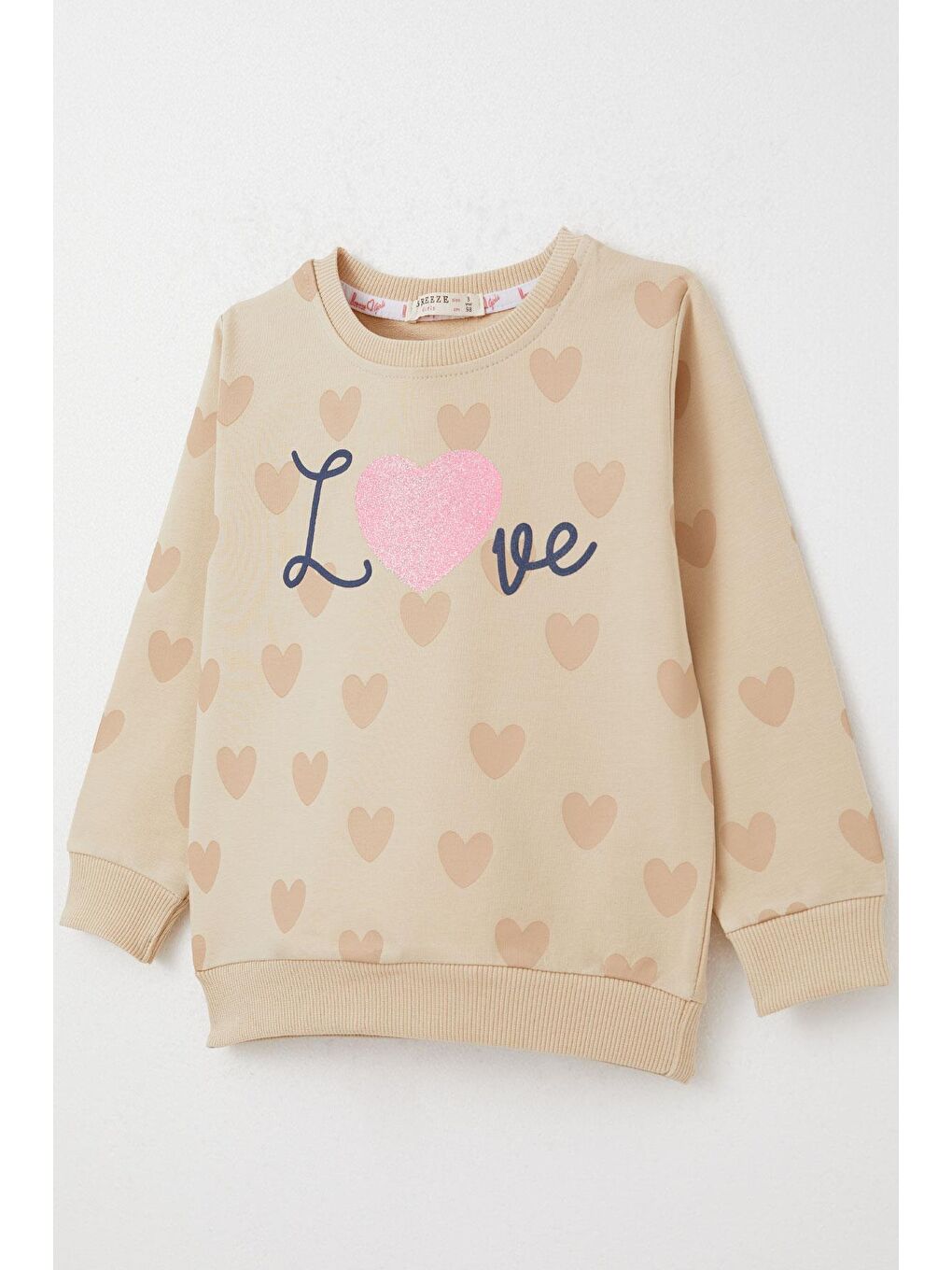 Kız Çocuk Sweatshirt Sevgi Temalı Kalp Desenli Bej (3-5 Yaş)-4
