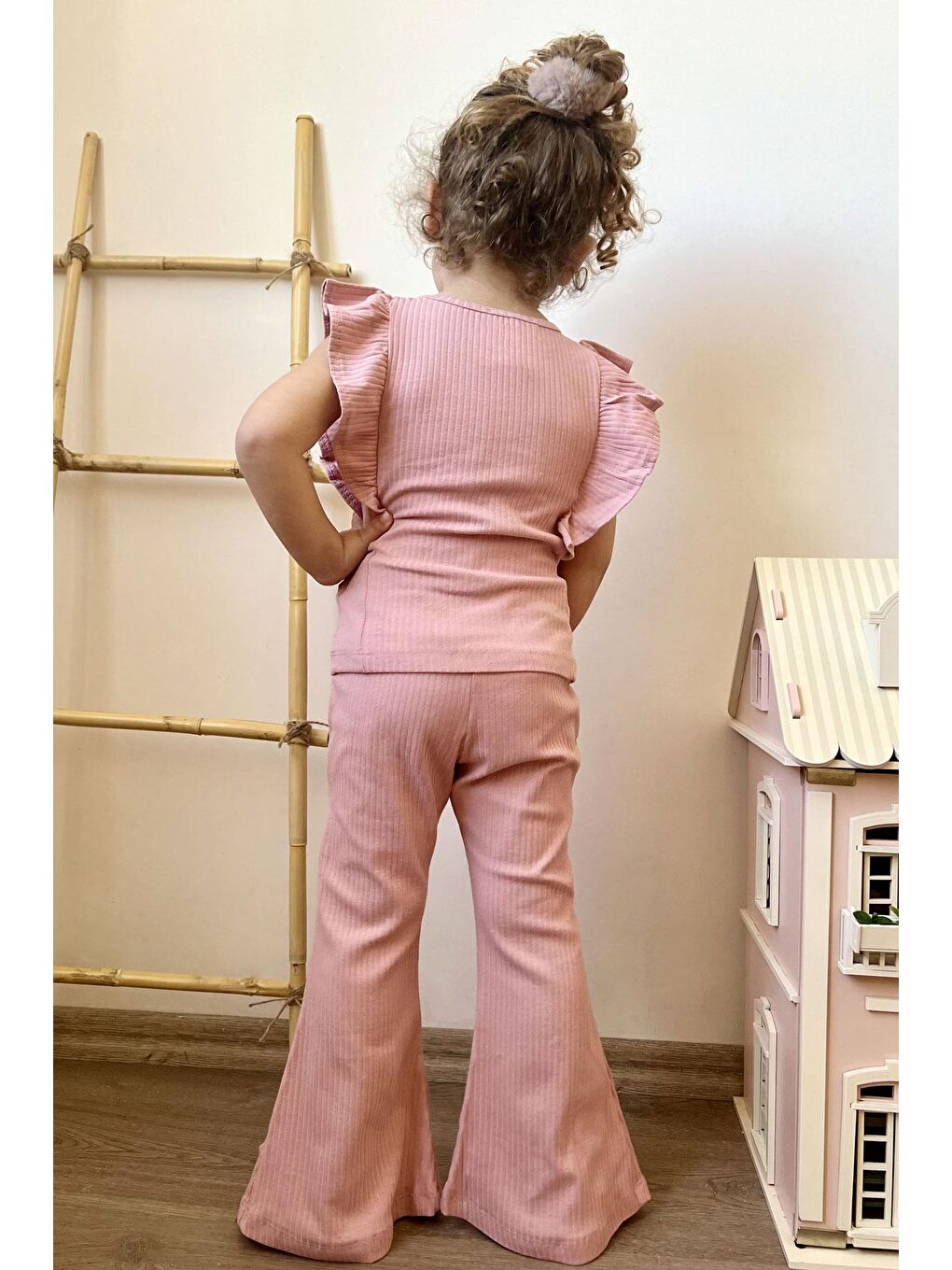 Pembe Kız Çocuk Taytlı Pantolon Takım Yazı Nakışlı Paçası Yırtmaçlı Gülkurusu (2-3 Yaş)-1