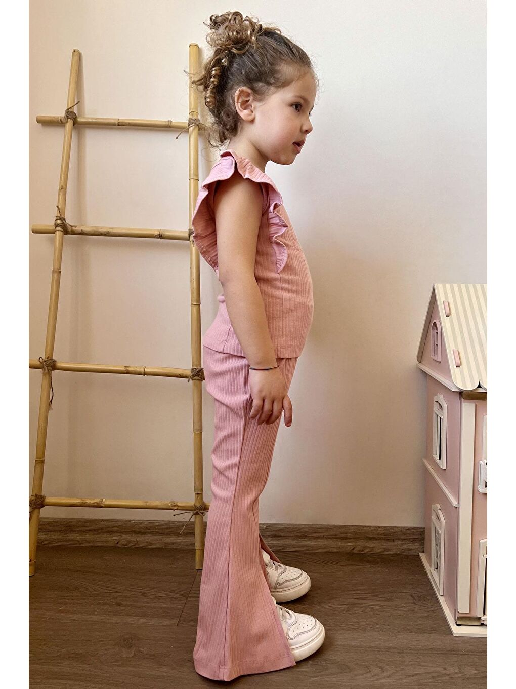 Pembe Kız Çocuk Taytlı Pantolon Takım Yazı Nakışlı Paçası Yırtmaçlı Gülkurusu (2-3 Yaş)-2