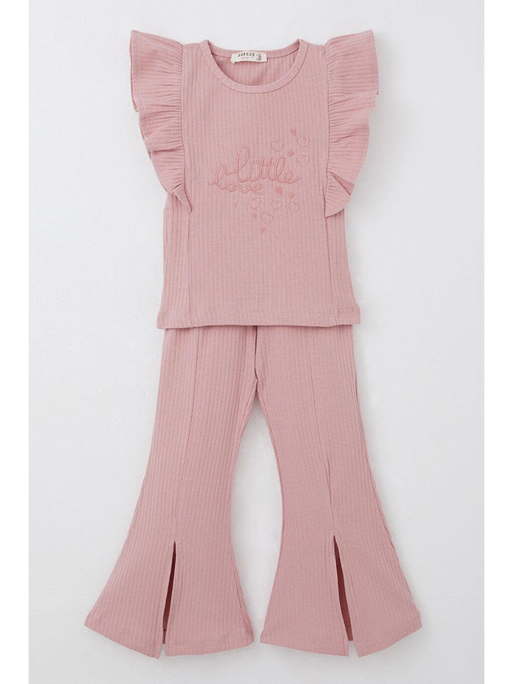 Pembe Kız Çocuk Taytlı Pantolon Takım Yazı Nakışlı Paçası Yırtmaçlı Gülkurusu (2-3 Yaş)-4
