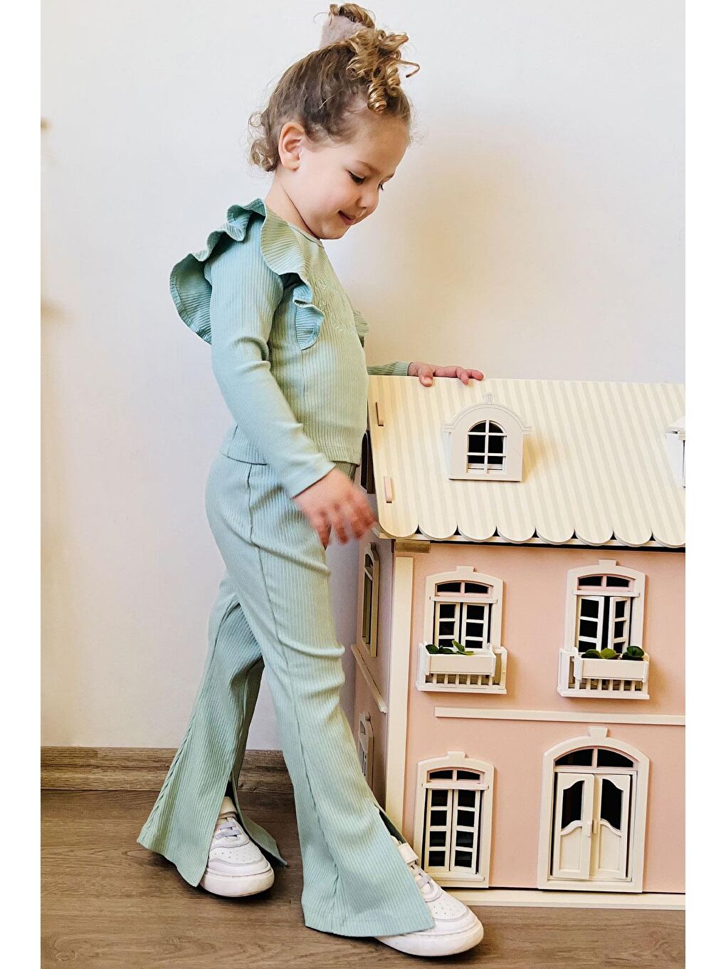 Kız Çocuk Taytlı Takım Yazı Nakışlı Paçası Yırtmaçlı Mint Yeşili (4-8 Yaş)-1