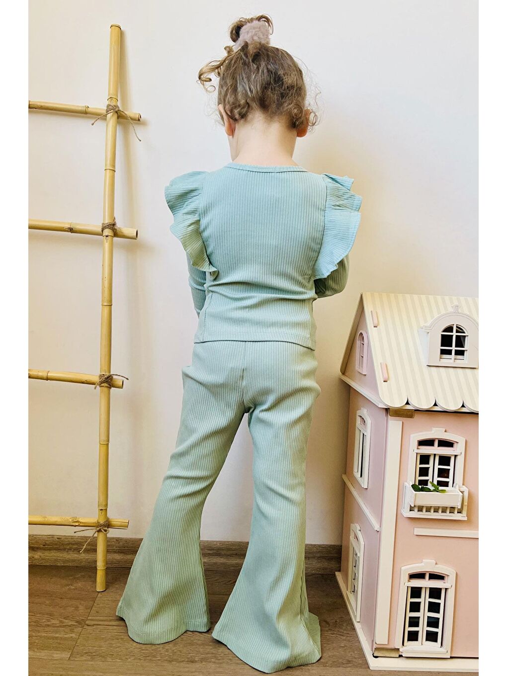 Kız Çocuk Taytlı Takım Yazı Nakışlı Paçası Yırtmaçlı Mint Yeşili (4-8 Yaş)-2