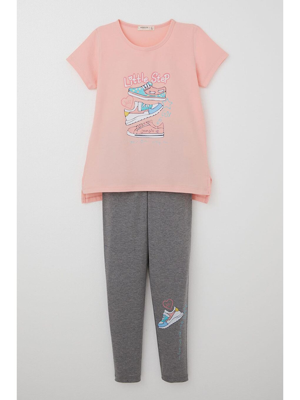 Pembe Kız Çocuk Taytlı Takım Renkli Ayakkabı Baskılı Somon (5-10 Yaş)