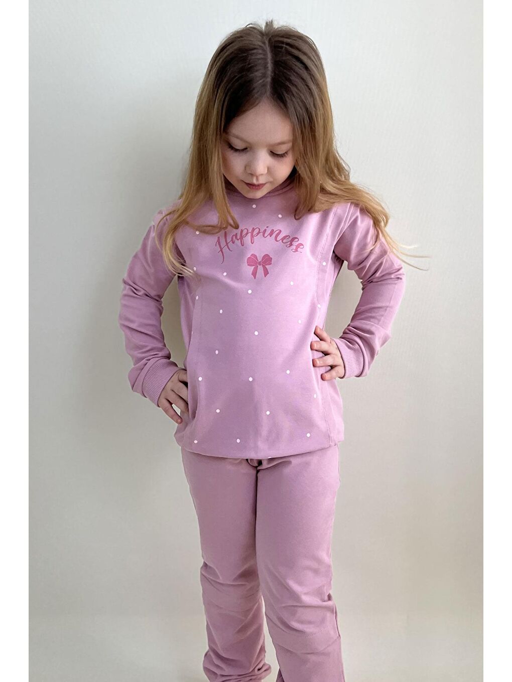 Pembe Kız Çocuk Eşofman Takım Mutluluk Temalı Puantiye Desenli Gülkurusu (4-8 Yaş)-1