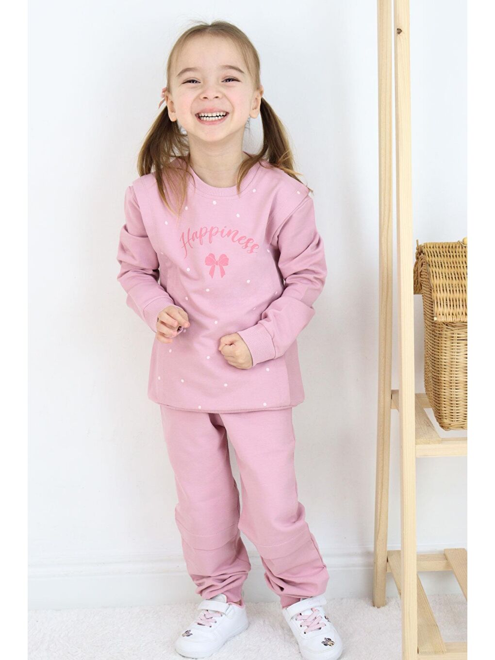 Pembe Kız Çocuk Eşofman Takım Mutluluk Temalı Puantiye Desenli Gülkurusu (4-8 Yaş)-2