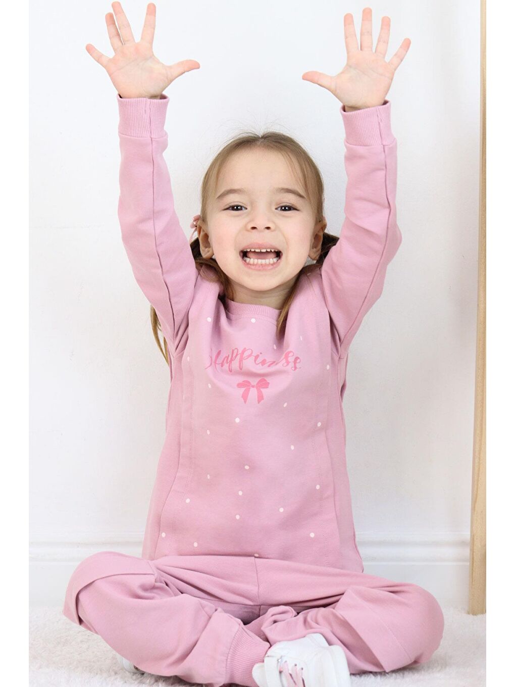 Pembe Kız Çocuk Eşofman Takım Mutluluk Temalı Puantiye Desenli Gülkurusu (4-8 Yaş)-4