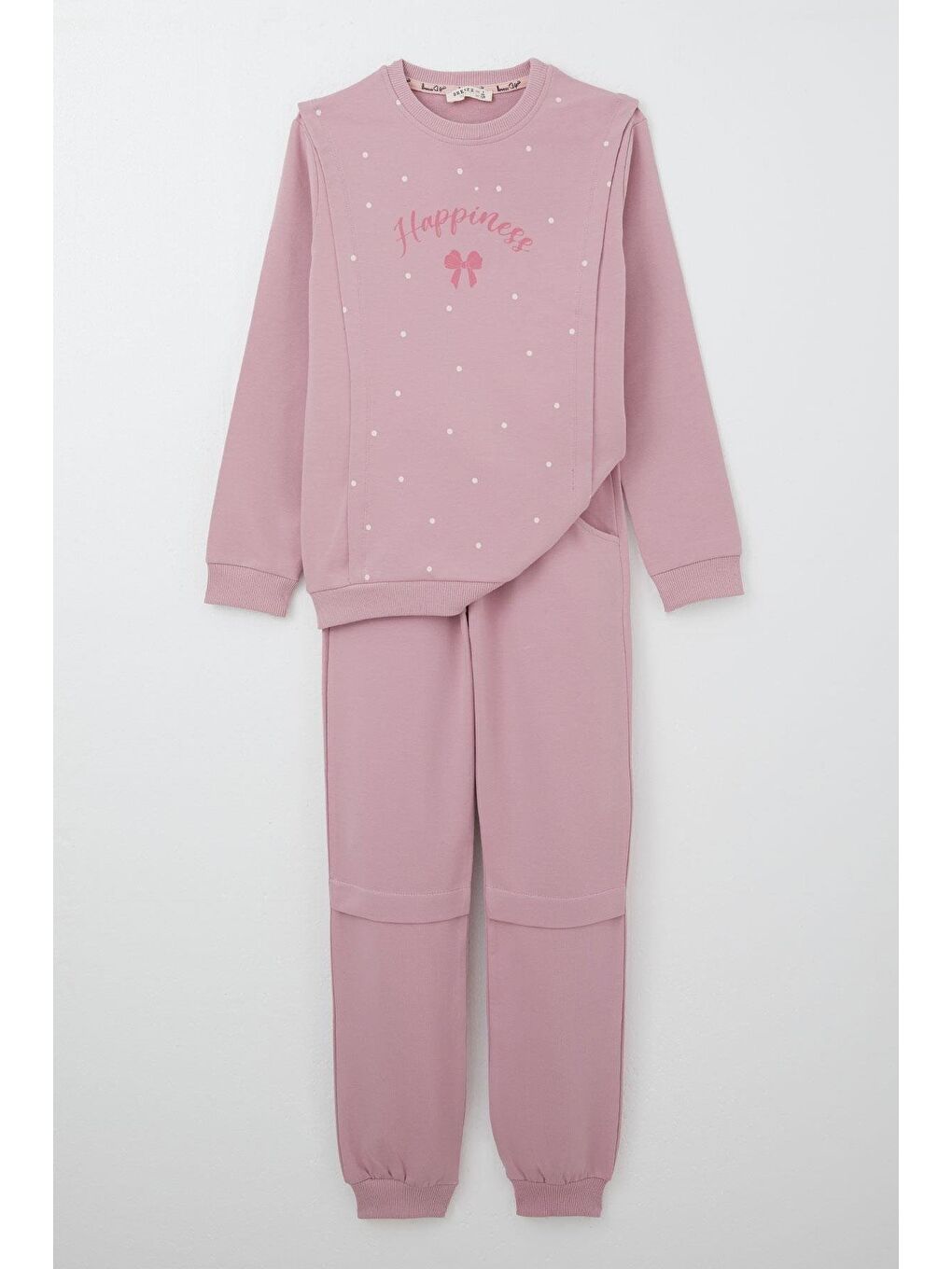 Pembe Kız Çocuk Eşofman Takım Mutluluk Temalı Puantiye Desenli Gülkurusu (4-8 Yaş)-6