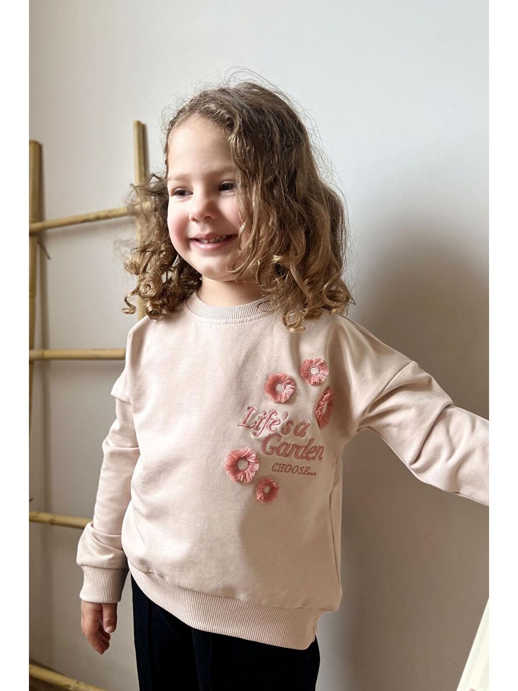 Kız Çocuk Eşofman Takım Slogan Temalı Püsküllü Çiçek Nakışlı Bej (9 Yaş)-2