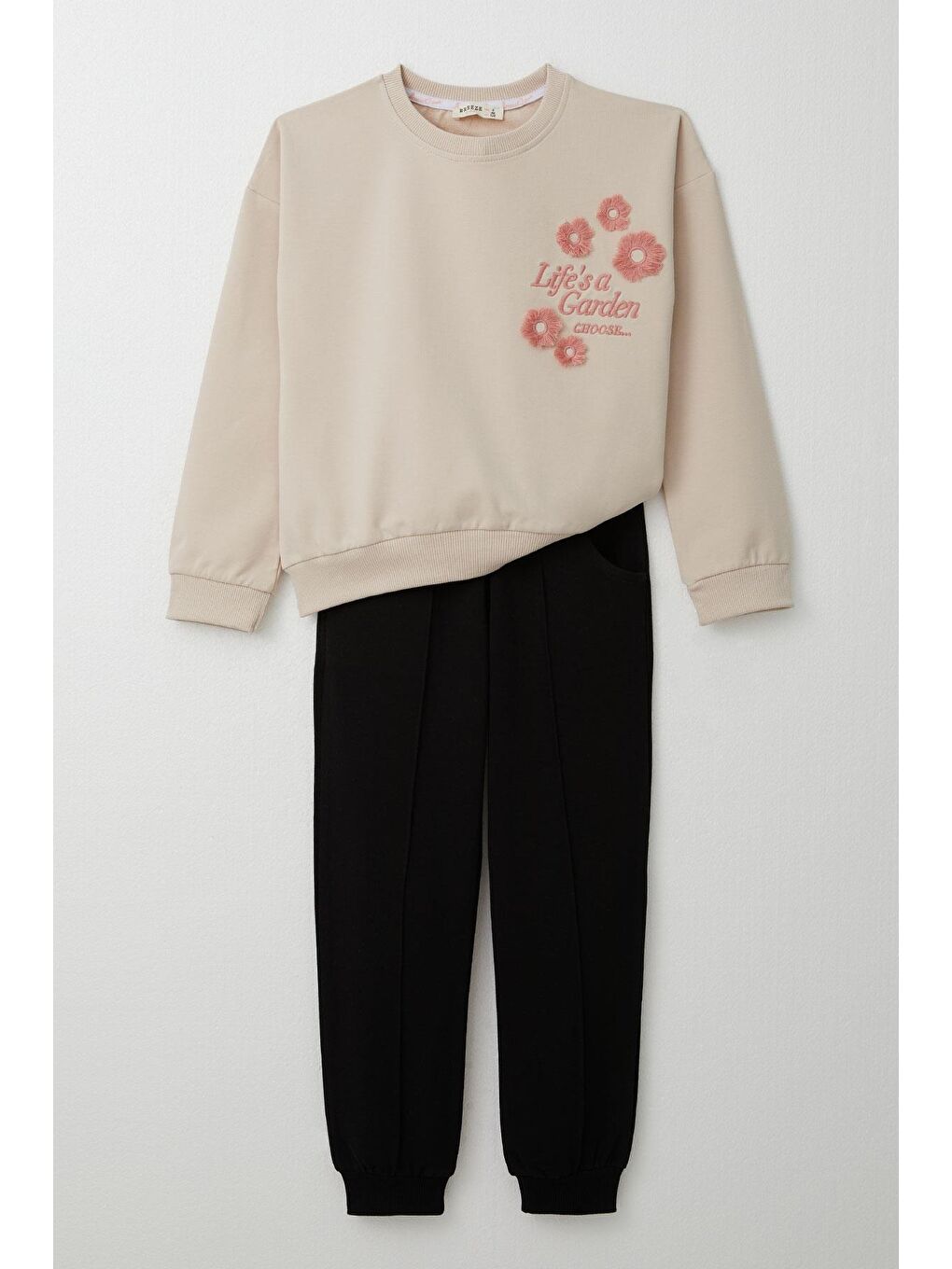 Kız Çocuk Eşofman Takım Slogan Temalı Püsküllü Çiçek Nakışlı Bej (9 Yaş)-4