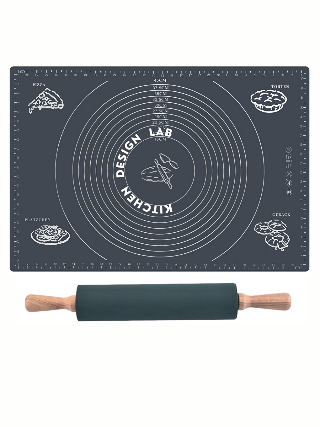 Gri 45x65 Cm Silikon Hamur Açma Matı Ve Bambu Saplı Silikon Merdane