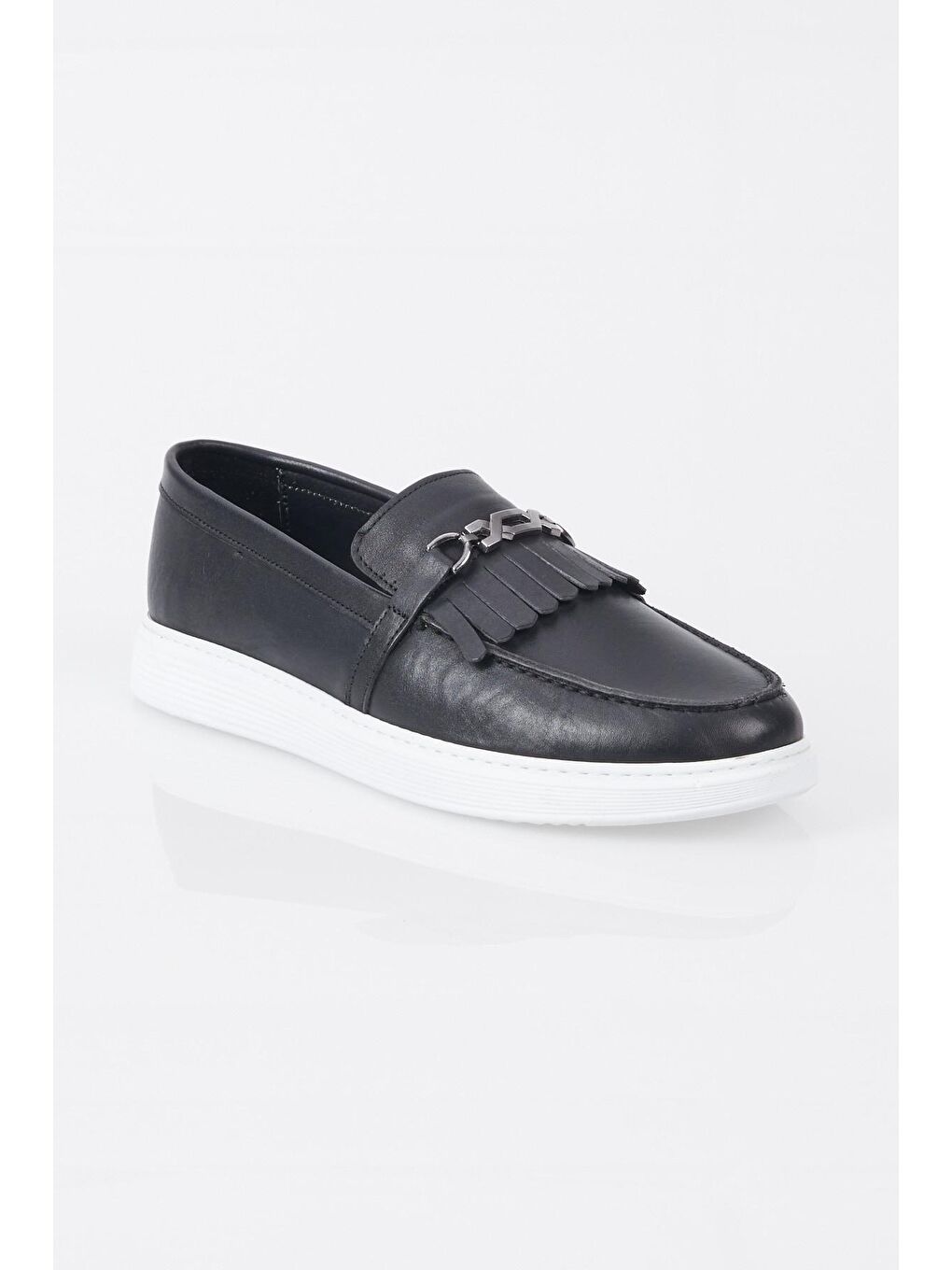 Erkek Siyah Önü Zincir Tokalı Rahat Kalıp Hakiki Deri Loafer-1