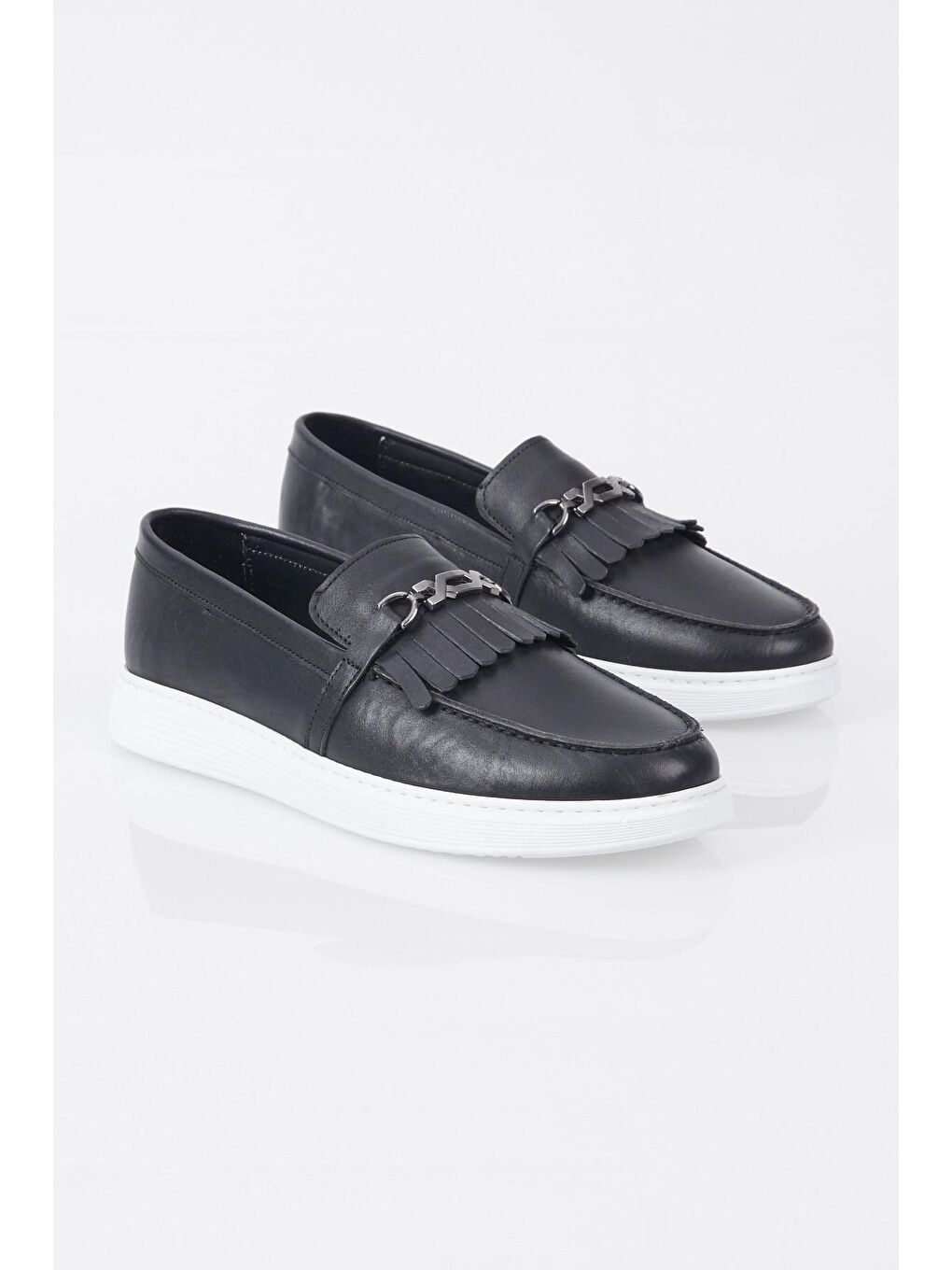 Erkek Siyah Önü Zincir Tokalı Rahat Kalıp Hakiki Deri Loafer-2