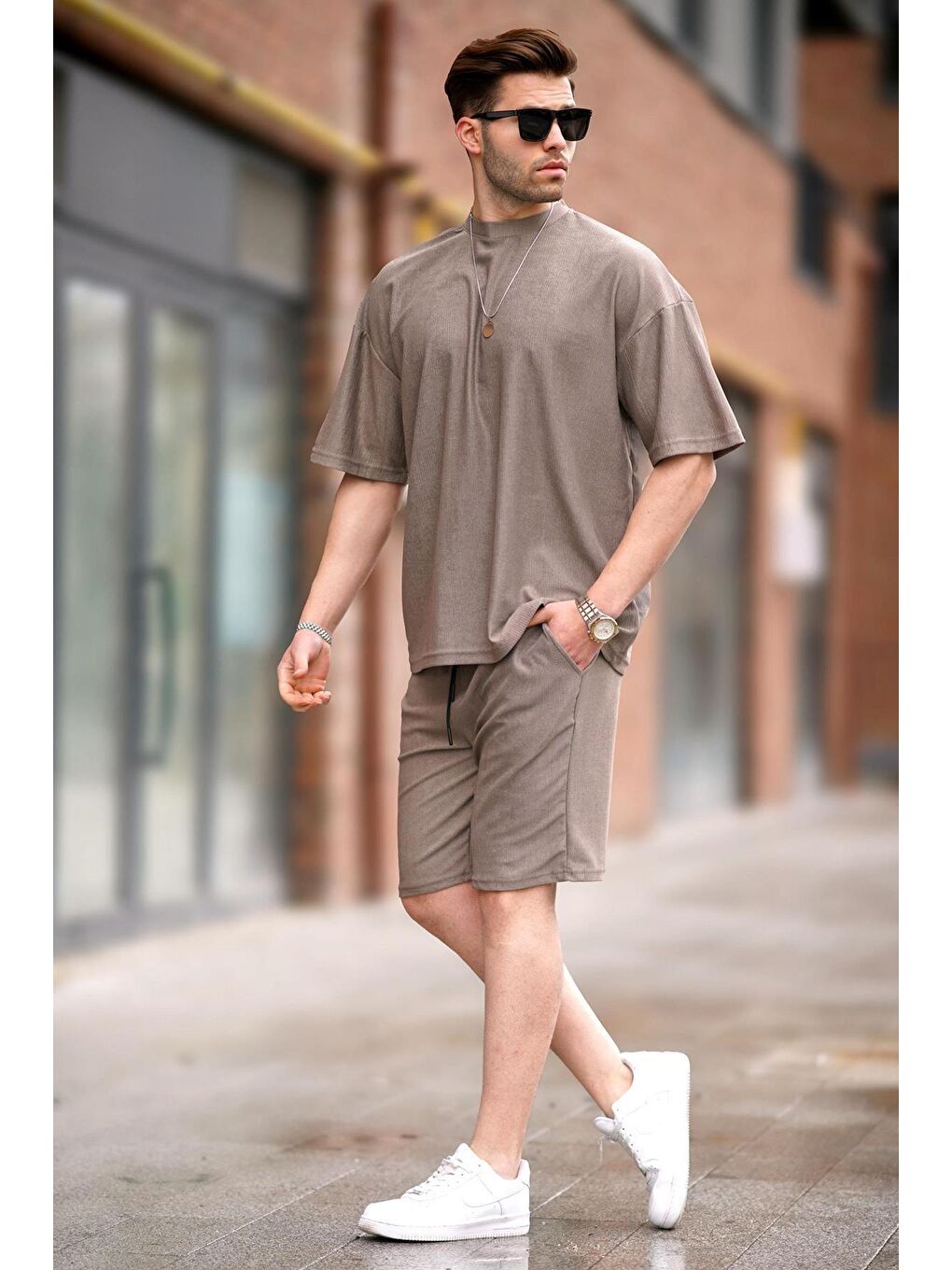 Kahverengi Bisiklet Yaka Erkek Şort Takımı 5949