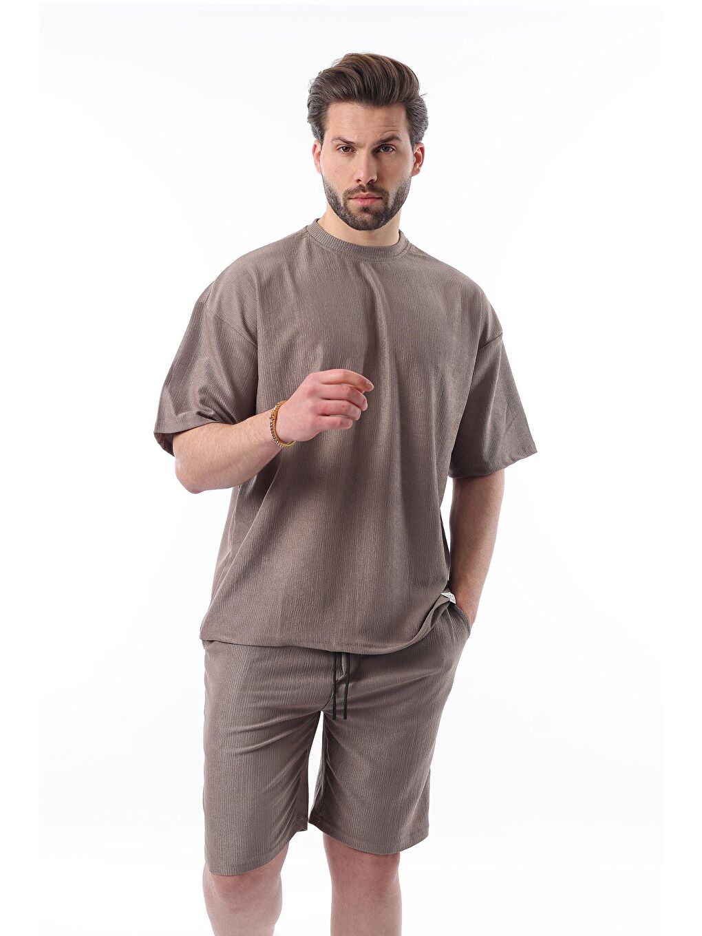 Kahverengi Bisiklet Yaka Erkek Şort Takımı 5949-1