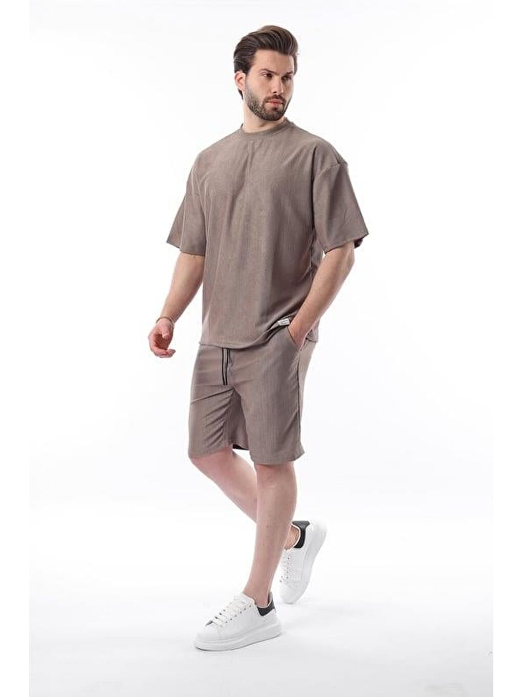 Kahverengi Bisiklet Yaka Erkek Şort Takımı 5949-2