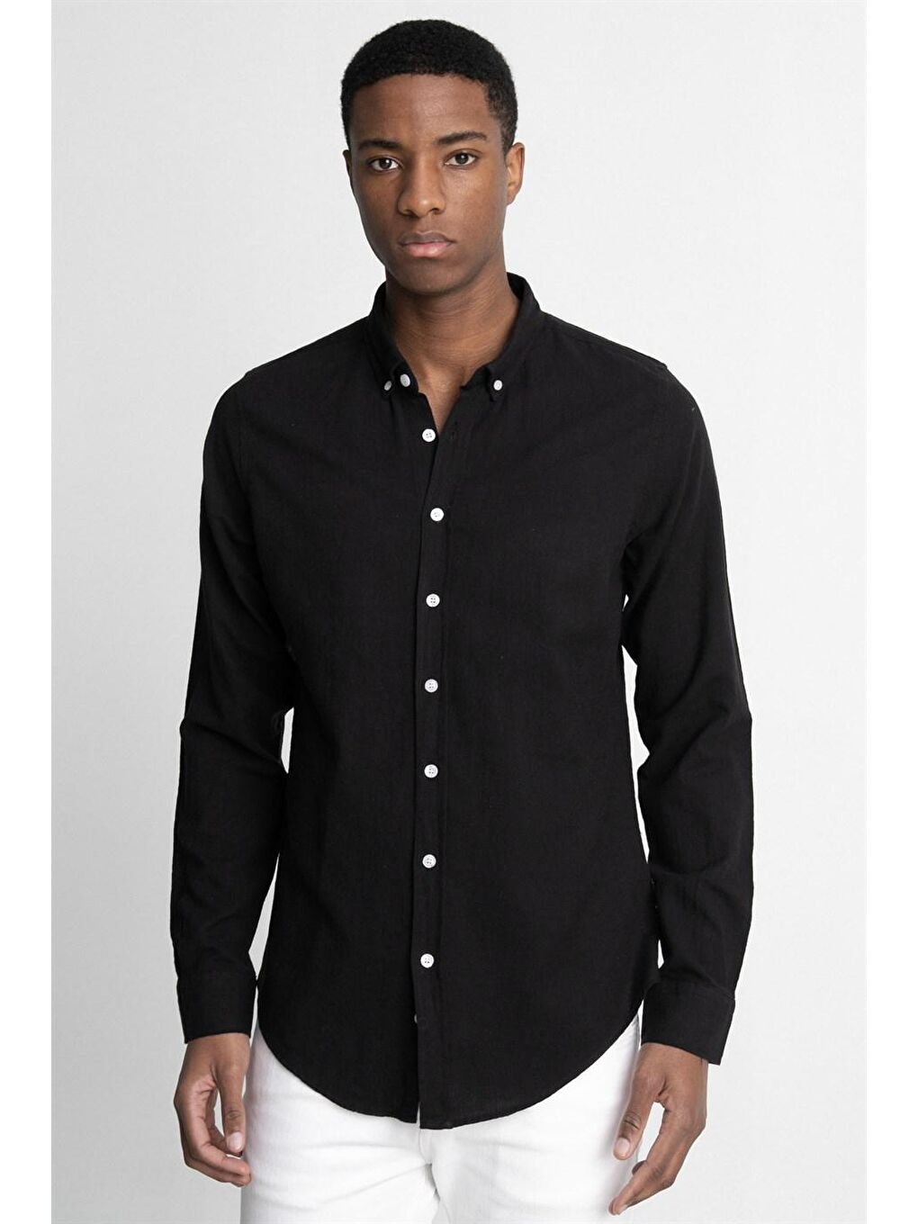 Siyah Slim Fit Uzun Kol Biyeli Yaka Düğmeli Keten Erkek Gömlek - TUDORS-1