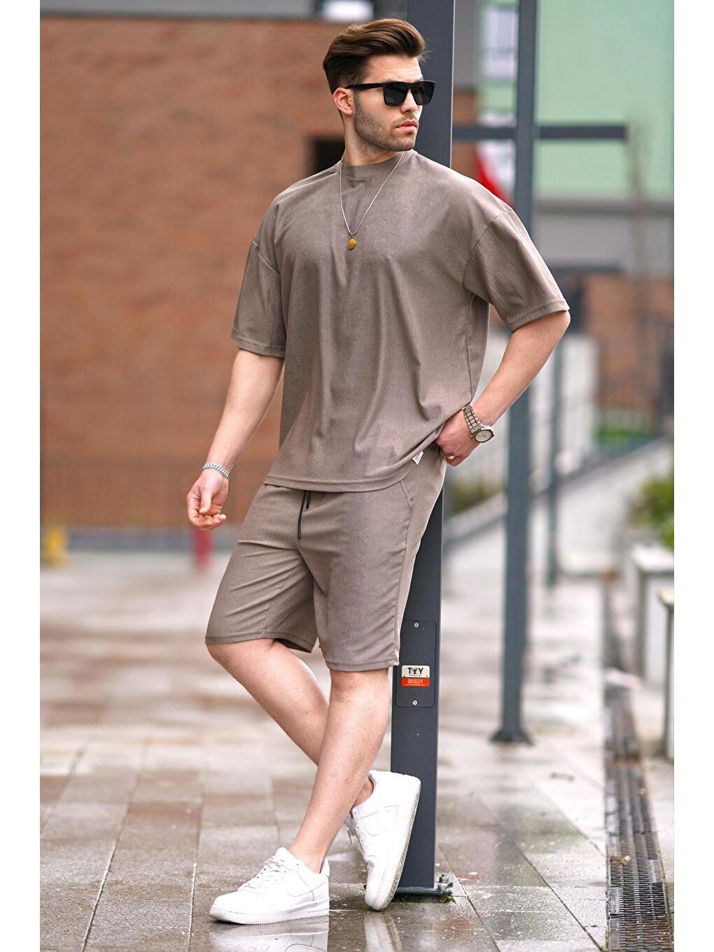 Kahverengi Bisiklet Yaka Erkek Şort Takımı 5949-4