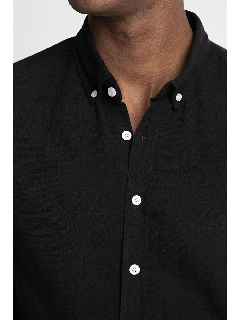 Siyah Slim Fit Uzun Kol Biyeli Yaka Düğmeli Keten Erkek Gömlek - TUDORS-2