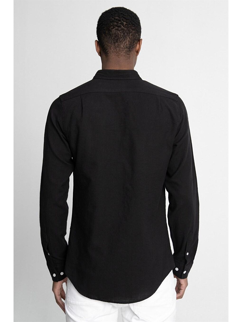 Siyah Slim Fit Uzun Kol Biyeli Yaka Düğmeli Keten Erkek Gömlek - TUDORS-3
