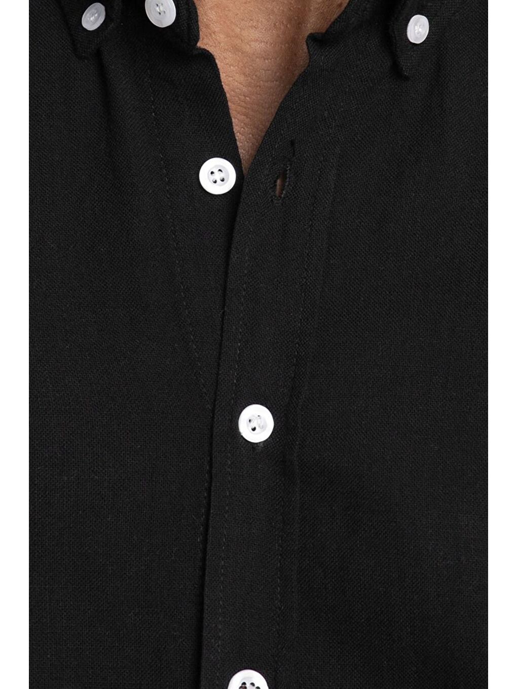 Siyah Slim Fit Uzun Kol Biyeli Yaka Düğmeli Keten Erkek Gömlek - TUDORS-4