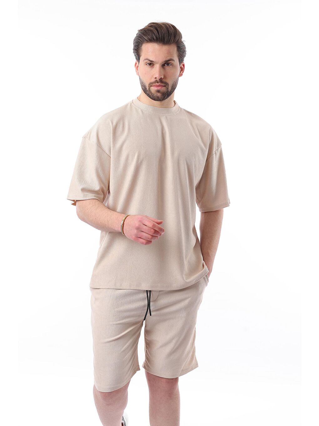 Bej Bisiklet Yaka Erkek Şort Takımı 5949-1