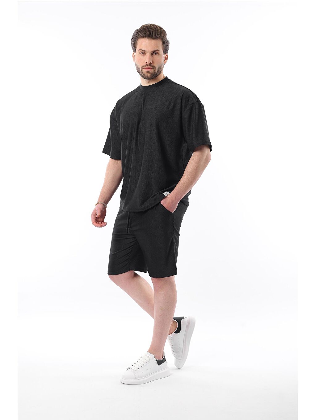 Siyah Bisiklet Yaka Erkek Şort Takımı 5949