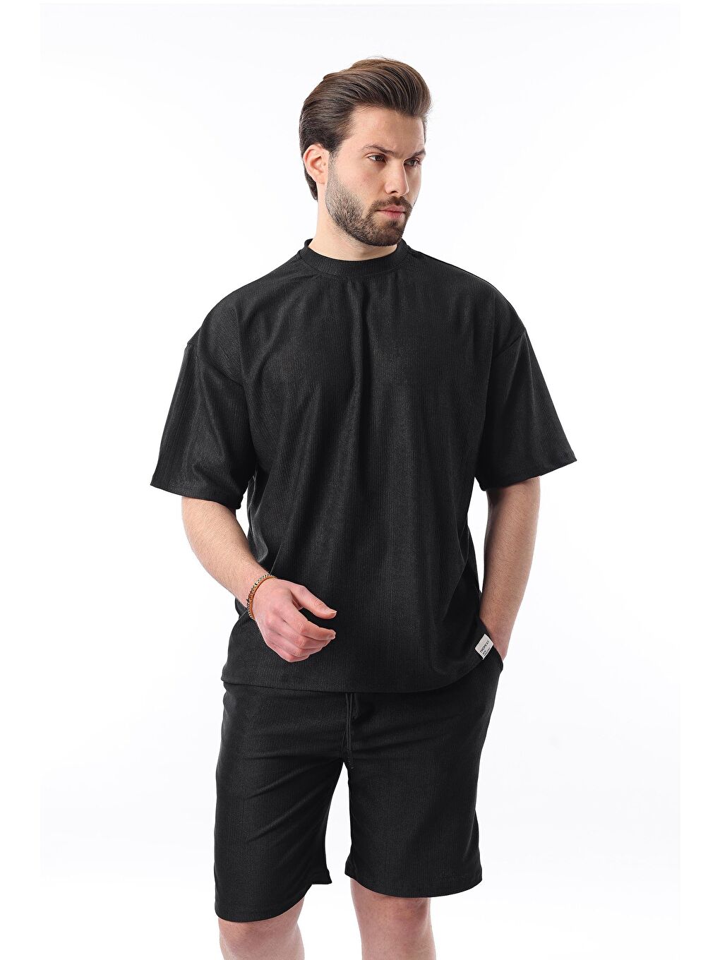 Siyah Bisiklet Yaka Erkek Şort Takımı 5949-4