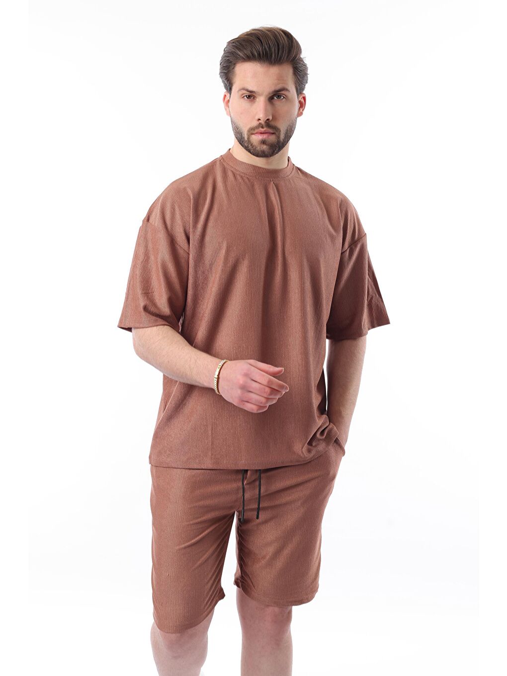 Pembe Gül Kurusu Bisiklet Yaka Erkek Şort Takımı 5949-1