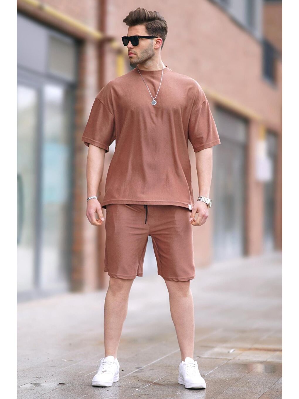 Pembe Gül Kurusu Bisiklet Yaka Erkek Şort Takımı 5949-3