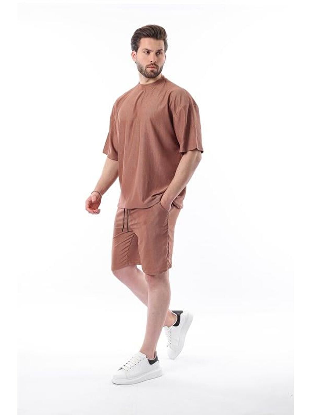 Pembe Gül Kurusu Bisiklet Yaka Erkek Şort Takımı 5949-4