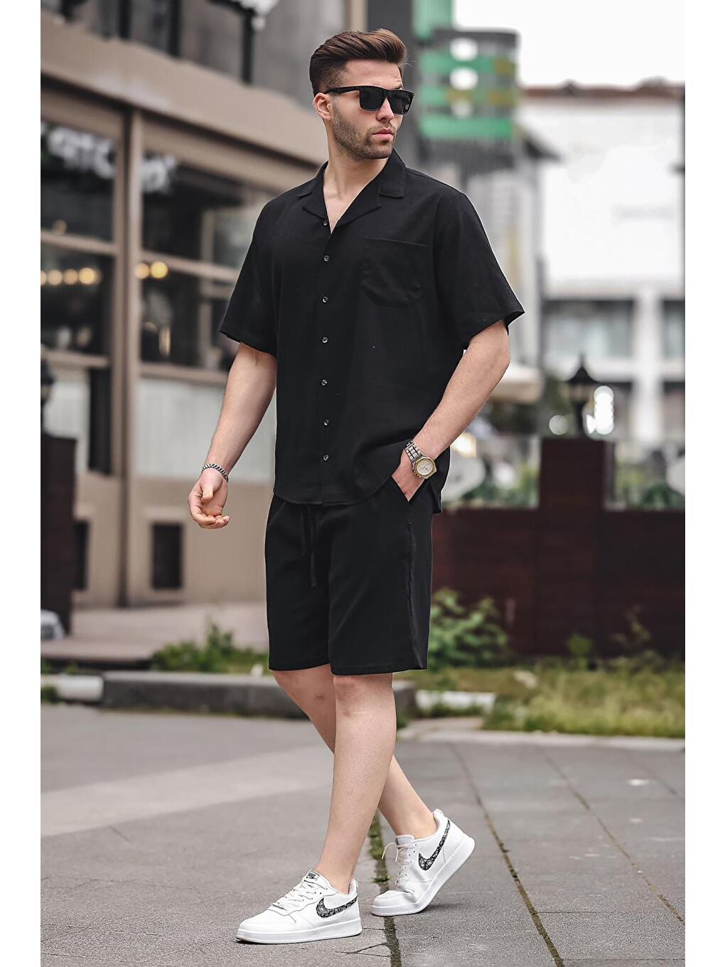 Erkek Siyah Basic Oversize Gömlek Takımı 5588