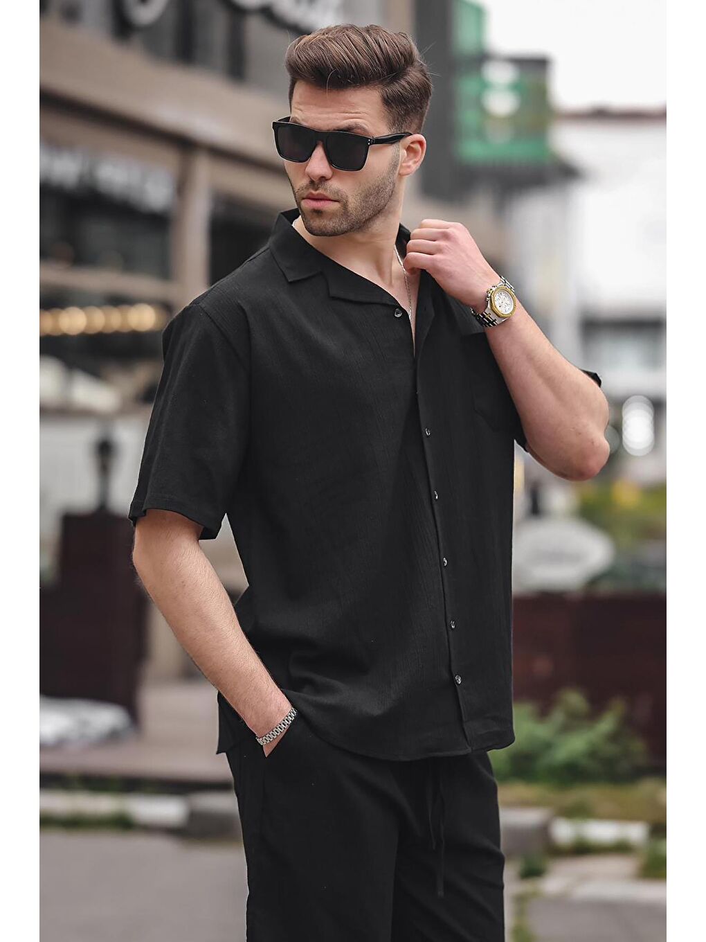 Erkek Siyah Basic Oversize Gömlek Takımı 5588-1