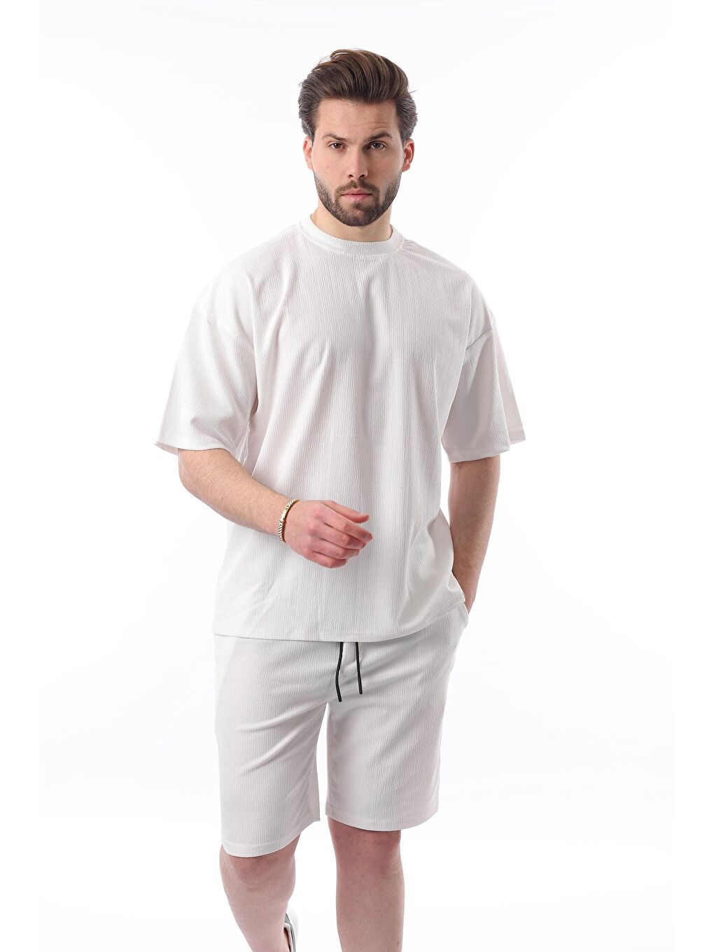 Ekru Bisiklet Yaka Erkek Şort Takımı 5949-4