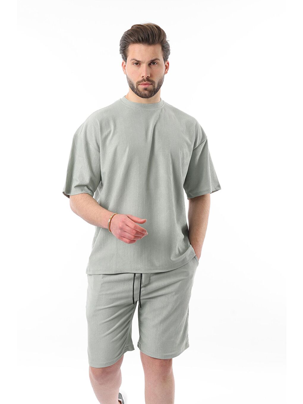 Mint Yeşili Bisiklet Yaka Erkek Şort Takımı 5949-1