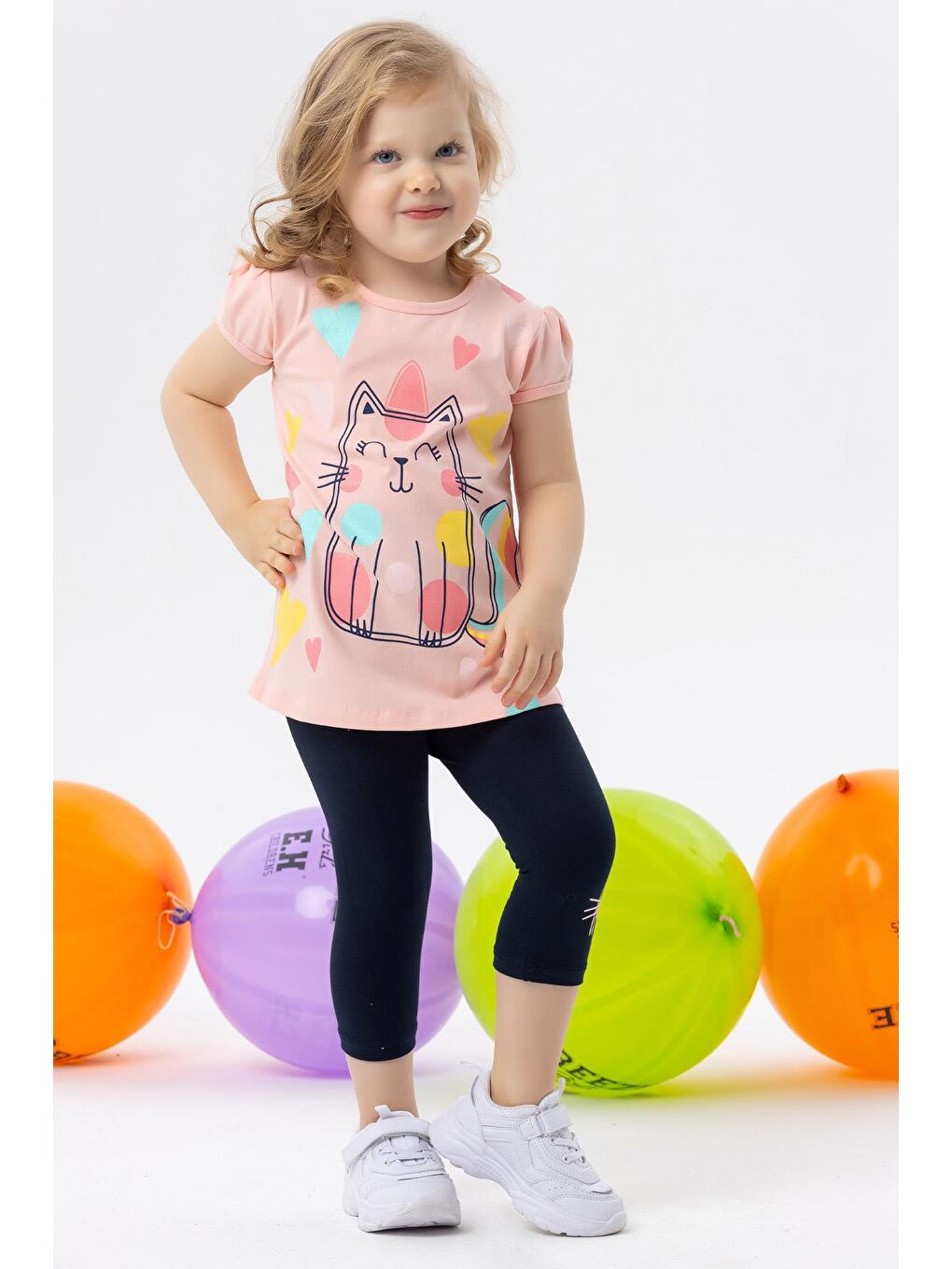 Pembe Kız Bebek Kapri Taytlı Takım Simli Kedicik Baskılı Somon (1.5 Yaş)